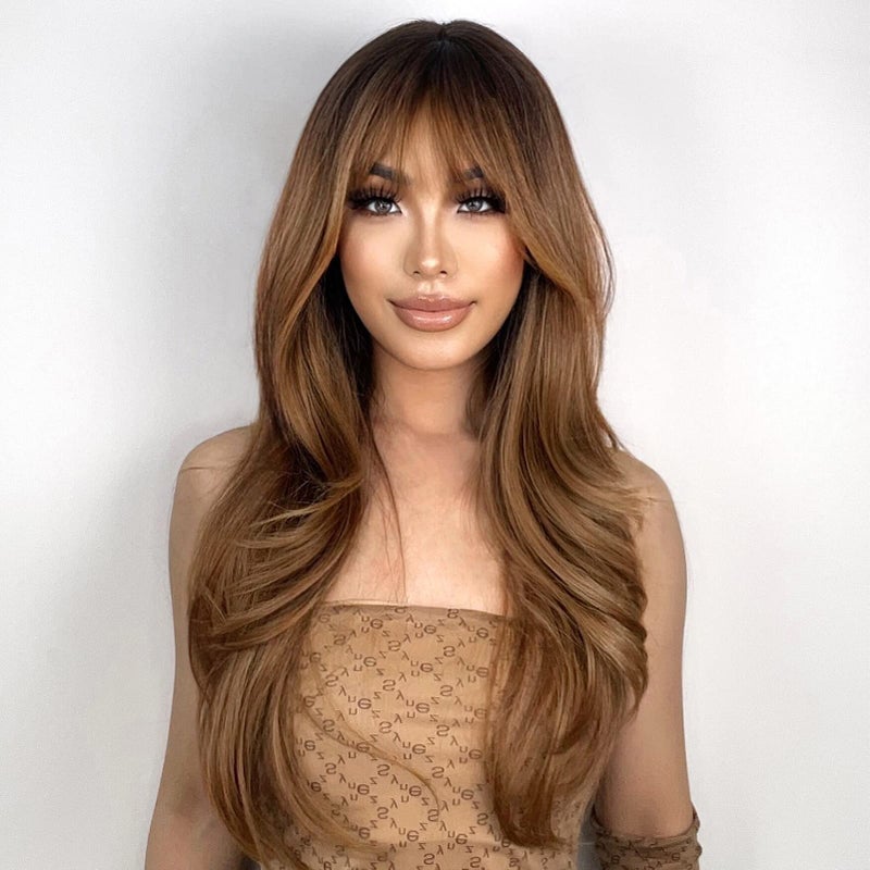 N NAYASA Light Brown Wigs for Women Brown Wig with Bangs 24â€˜â€™Ombre Brown Wig with Dark Roots Long Layered Wig Heat Resistant Synthetic Wig Natural Looking Wigs for Daily Party Use - Image 4