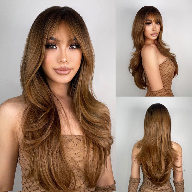 N NAYASA Light Brown Wigs for Women Brown Wig with Bangs 24â€˜â€™Ombre Brown Wig with Dark Roots Long Layered Wig Heat Resistant Synthetic Wig Natural Looking Wigs for Daily Party Use - Image 1