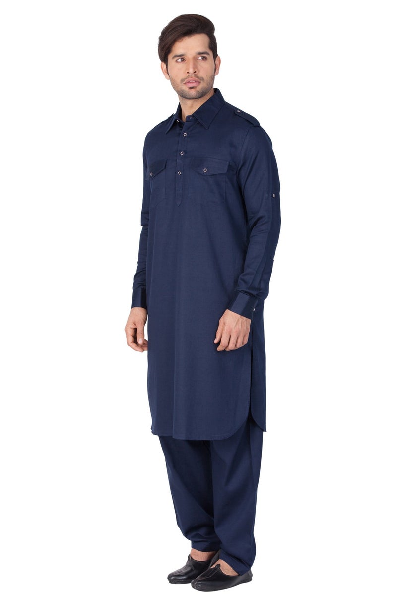 VASTRAMAY Men Cotton Pathani Khan Suit Set (Navy Blue_VASMPTBU009_40) - Image 5