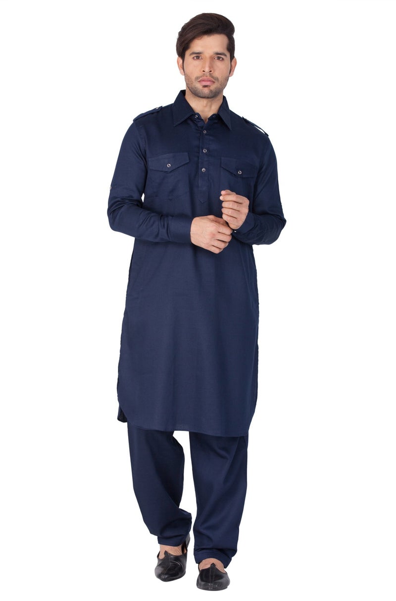 VASTRAMAY Men Cotton Pathani Khan Suit Set (Navy Blue_VASMPTBU009_40) - Image 3
