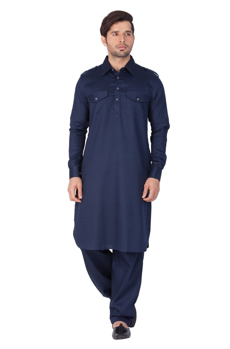 VASTRAMAY Men Cotton Pathani Khan Suit Set (Navy Blue_VASMPTBU009_40) - Image 2