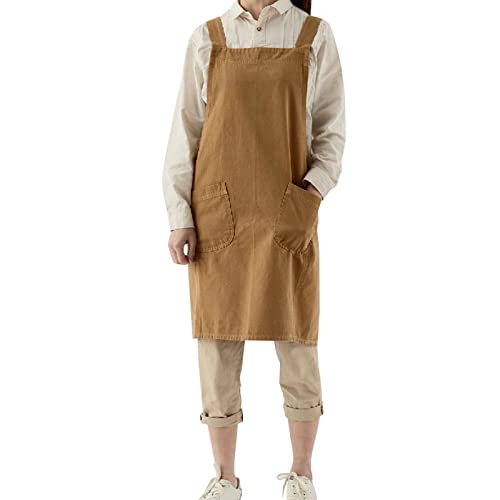 FADUOFA Cotton Linen Cross Back Apron with Pockets for Women without Waist Tie for Gardening Painting Cleaning Cooking(Ginger Yellow) - Image 5