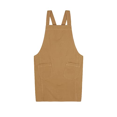 FADUOFA Cotton Linen Cross Back Apron with Pockets for Women without Waist Tie for Gardening Painting Cleaning Cooking(Ginger Yellow) - Image 1