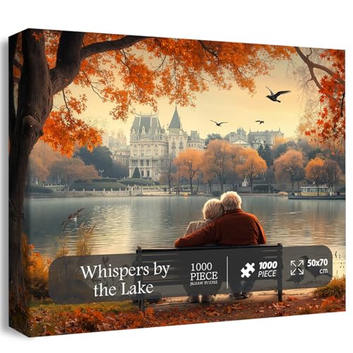 PICKFORU Whispers by The Lake Jigsaw Puzzles 1000 Pieces Vintage Autumn Romantic Grandparents Love Puzzles for Adults Retro Theme as Home Decor - Image 1
