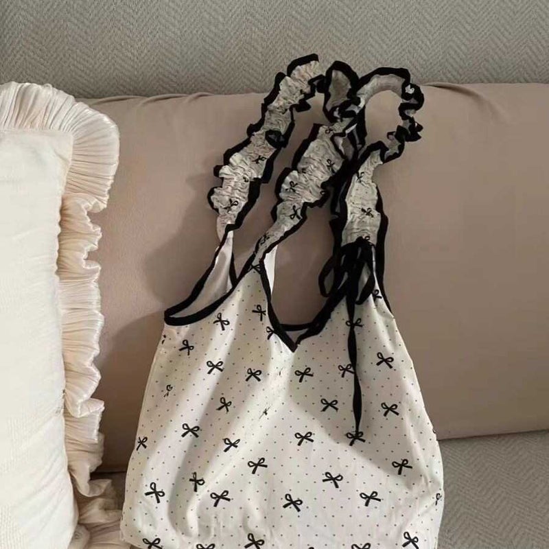 Korean Niche Bow Polka Dot Canvas Bag Sweet Girl Drawstring Pleated Handbag Student Commuter Shoulder Bag - Image 4