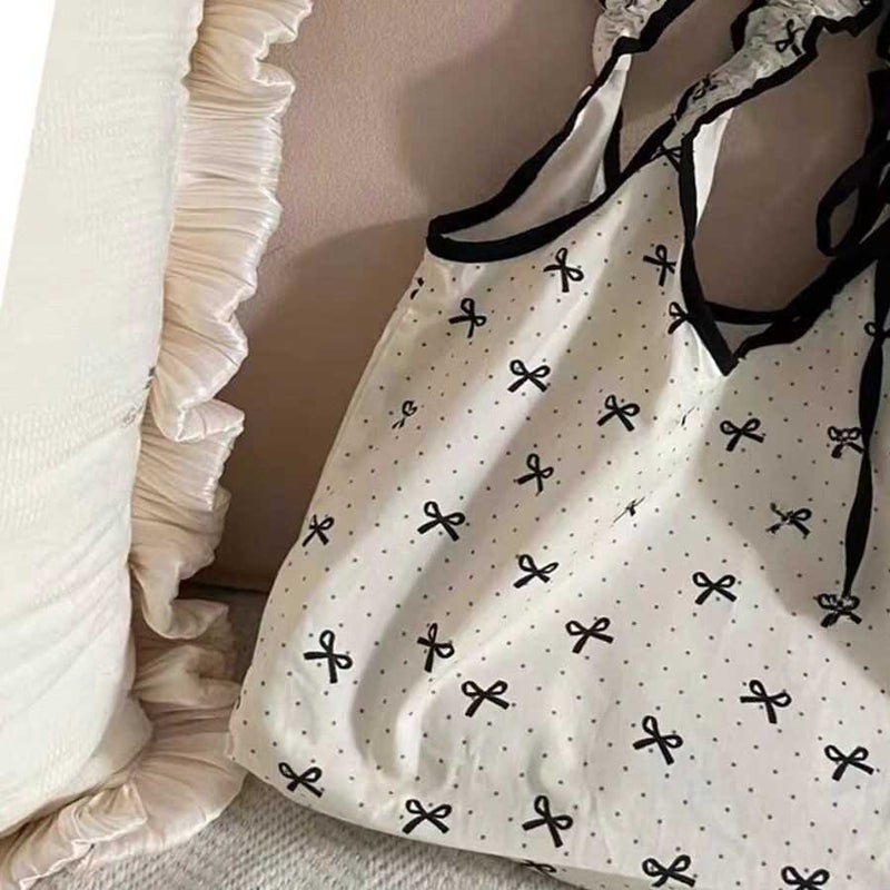 Korean Niche Bow Polka Dot Canvas Bag Sweet Girl Drawstring Pleated Handbag Student Commuter Shoulder Bag - Image 3