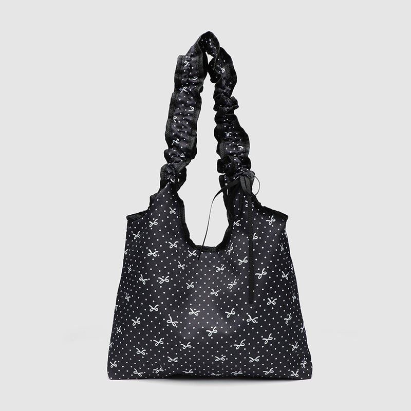 Korean Niche Bow Polka Dot Canvas Bag Sweet Girl Drawstring Pleated Handbag Student Commuter Shoulder Bag - Image 1