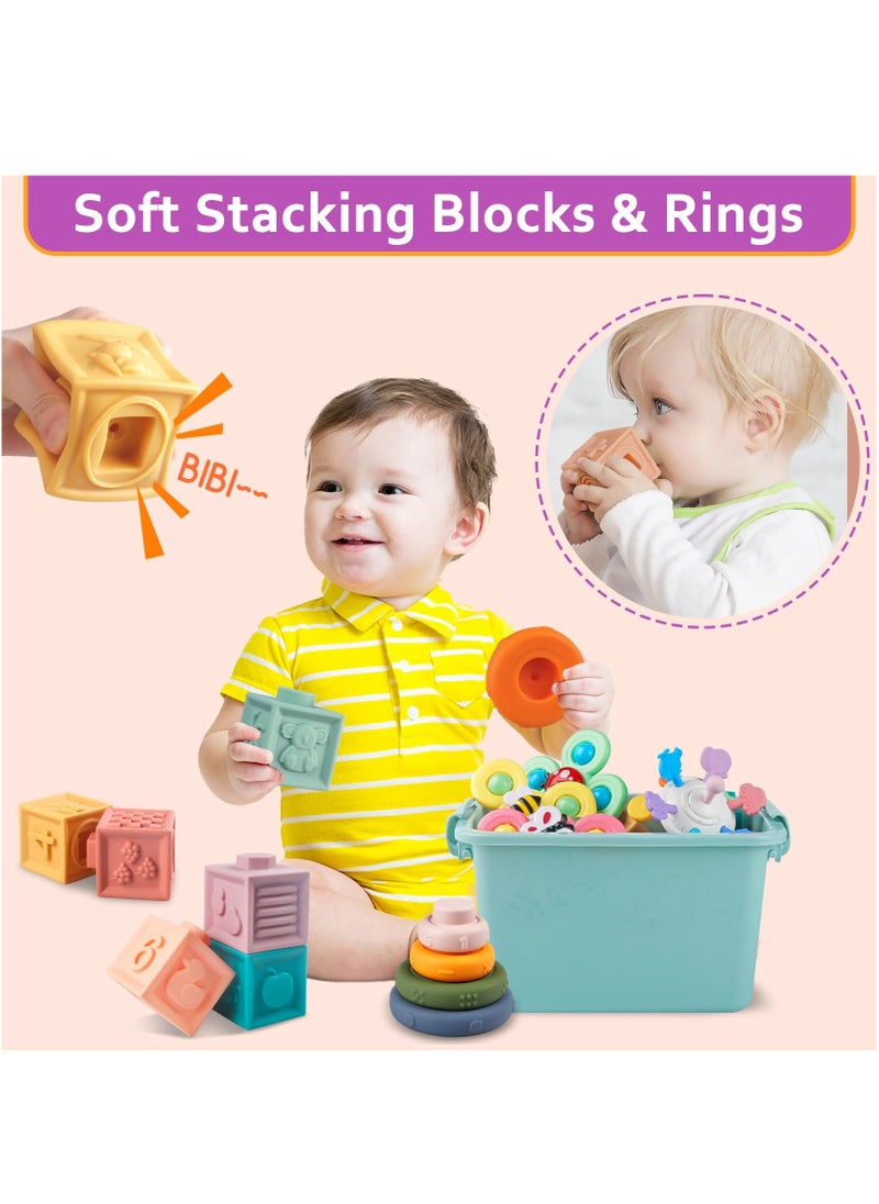 XiuWoo 6 in 1 Montessori Toys for Babies, Sensory Bins Toys for Toddlers 1-3, Pull String Teether Infants Bath Toys  Stacking Blocks Rings, Matching Shape Sorter, Suction Cup Toy  - Image 5