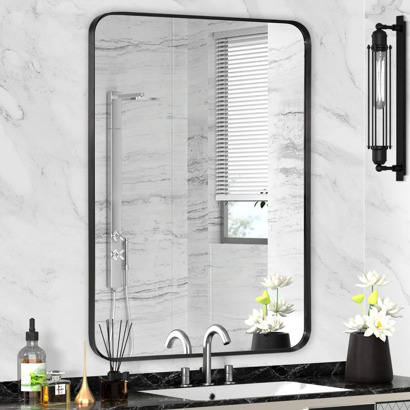 Minuover Wall Mount Mirror for Bathroom, Brushed Black Metal Framed Rounded Corner Rectangular Vanity Mirror (24" x 30", Black) - Image 1