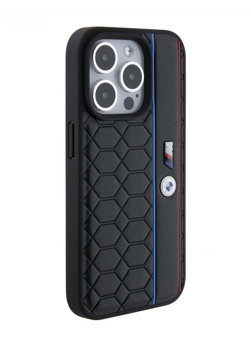 بي إم دبليو غلاف خلفي من جلد البولي يوريثان M للآيفون 15 برو بغطاء خلفي من جلد البولي يوريثان M مع نقش وخطوط سداسية - أسود - Image 4