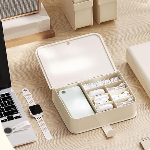 House of Quirk Plastic Cable Organizer Box with Lid and 8 Compartment, Cord Management Storage Case, Electronics Accessories Organizer for Home Office Desk, Drawer, Phone Charger (Cream) - Image 2