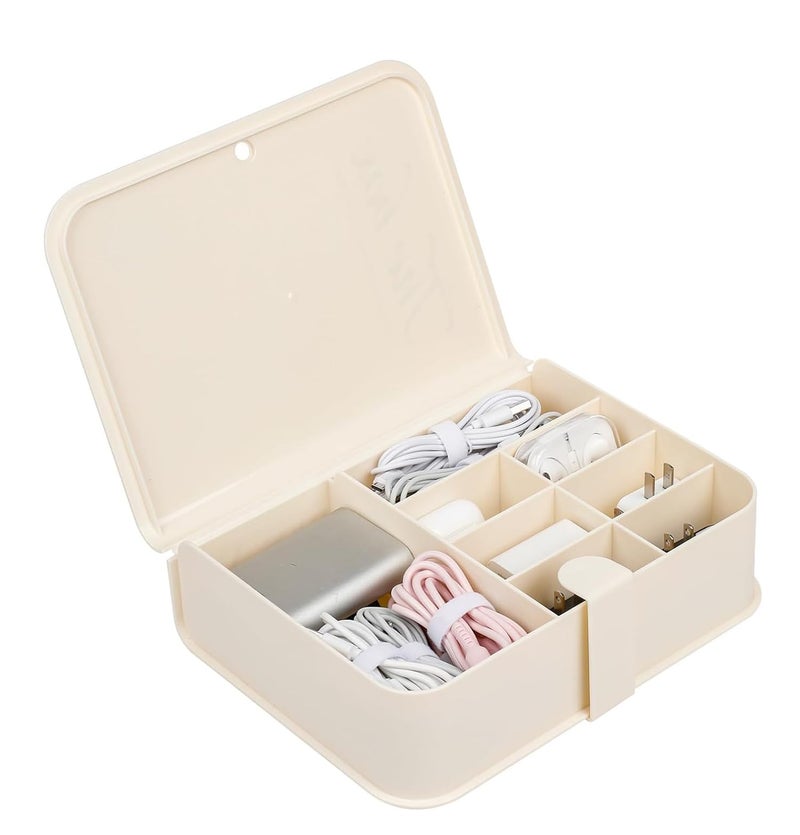 House of Quirk Plastic Cable Organizer Box with Lid and 8 Compartment, Cord Management Storage Case, Electronics Accessories Organizer for Home Office Desk, Drawer, Phone Charger (Cream) - Image 1