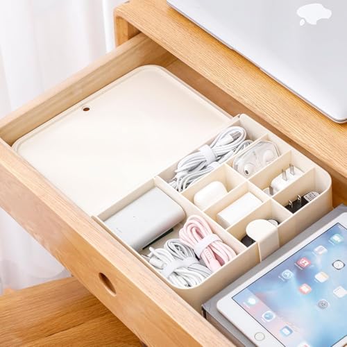 House of Quirk Plastic Cable Organizer Box with Lid and 8 Compartment, Cord Management Storage Case, Electronics Accessories Organizer for Home Office Desk, Drawer, Phone Charger (Cream) - Image 5