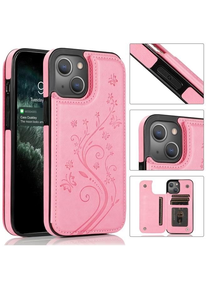 اس-توب جراب لهاتف iPhone 14 Plus بتصميم فراشات وزهور مع مشبك مزدوج - Image 1