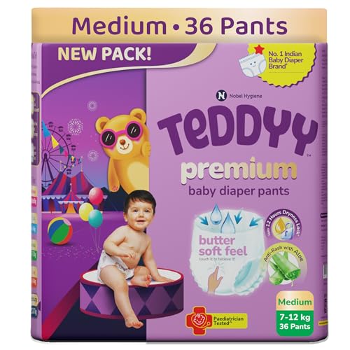 Teddyy Premium Baby Diaper M size, Pant Style | Medium (7-12 kg), 36 Pants | Butter Soft Feel | Anti-Rash with Aloe Vera & 12 Hours Dryness Lock - Image 1