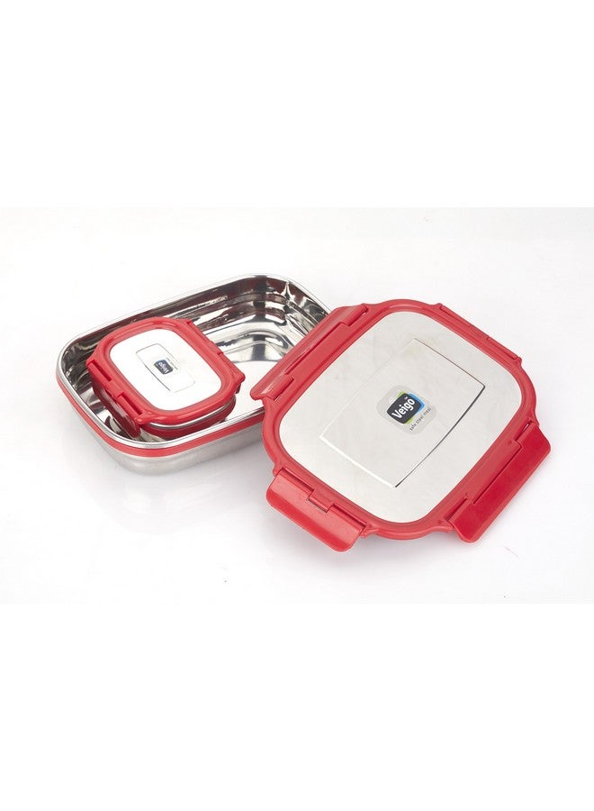 Veigo Steel Lunch Boxes for Office Men, Tiffin Box for Office Men, Lunch Box for Kids, Jumbo 950 ml, 180 ml Veg Box | Detachable Clips | Leakproof & Airtight | Durable Stainless Steel Lid | Red - Image 1