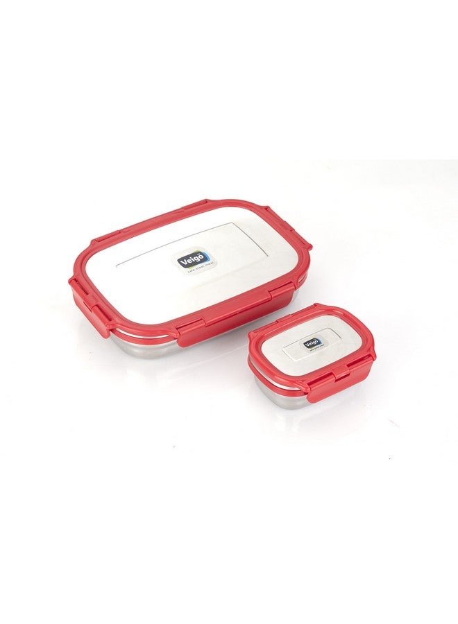 Veigo Steel Lunch Boxes for Office Men, Tiffin Box for Office Men, Lunch Box for Kids, Jumbo 950 ml, 180 ml Veg Box | Detachable Clips | Leakproof & Airtight | Durable Stainless Steel Lid | Red - Image 2