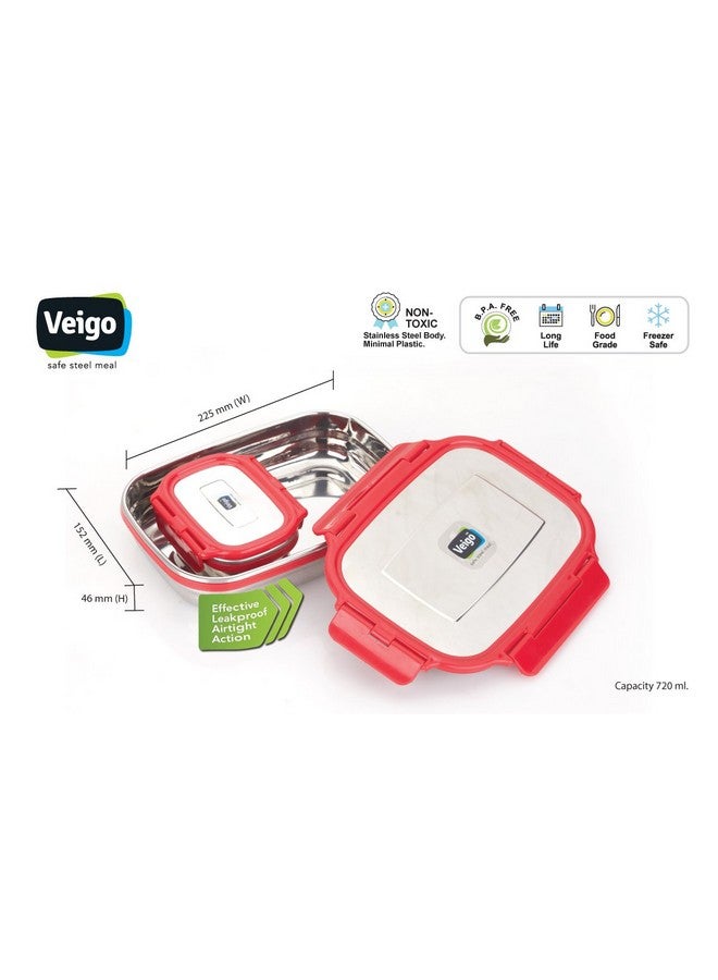 Veigo Steel Lunch Boxes for Office Men, Tiffin Box for Office Men, Lunch Box for Kids, Jumbo 950 ml, 180 ml Veg Box | Detachable Clips | Leakproof & Airtight | Durable Stainless Steel Lid | Red - Image 3