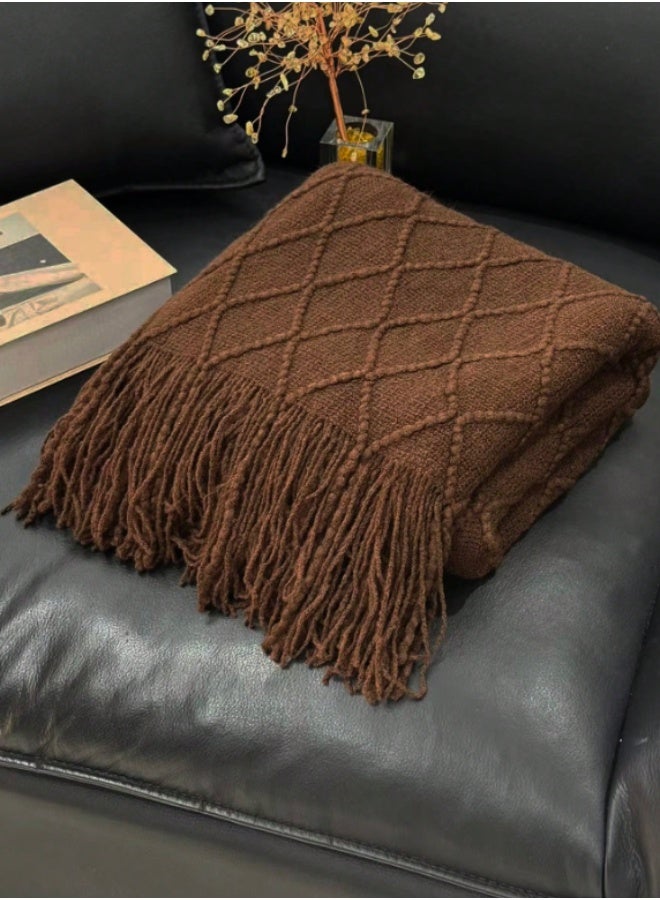 Cable Knit Throw Blanket – Soft Decorative Sofa & Bed Blanket with Tassels – Brown - Image 4