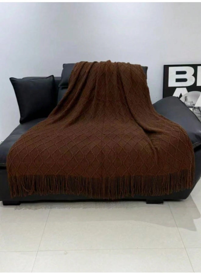 Cable Knit Throw Blanket – Soft Decorative Sofa & Bed Blanket with Tassels – Brown - Image 3