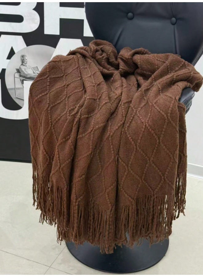 Cable Knit Throw Blanket – Soft Decorative Sofa & Bed Blanket with Tassels – Brown - Image 1