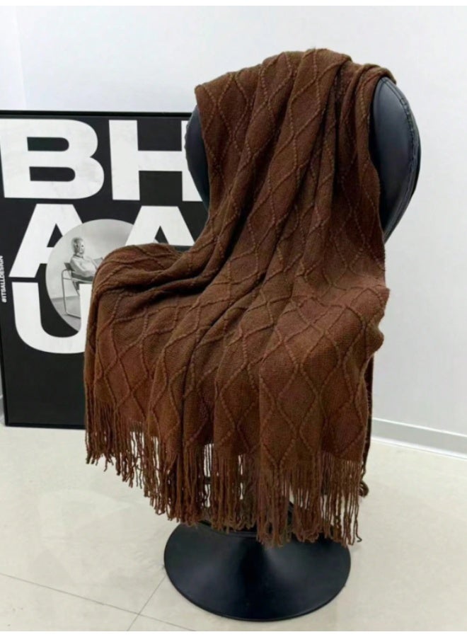 Cable Knit Throw Blanket – Soft Decorative Sofa & Bed Blanket with Tassels – Brown - Image 2