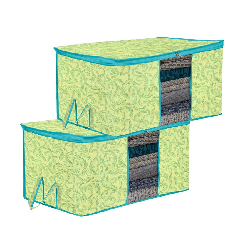 Kuber Industries Kuber Industries Underbed Storage Bag Clothes Storage Bag Blanket Cover with Clear Window Zipper Closure Handle Cloth Organizer LeafDesign Large Pack of 2 Green  - Image 1