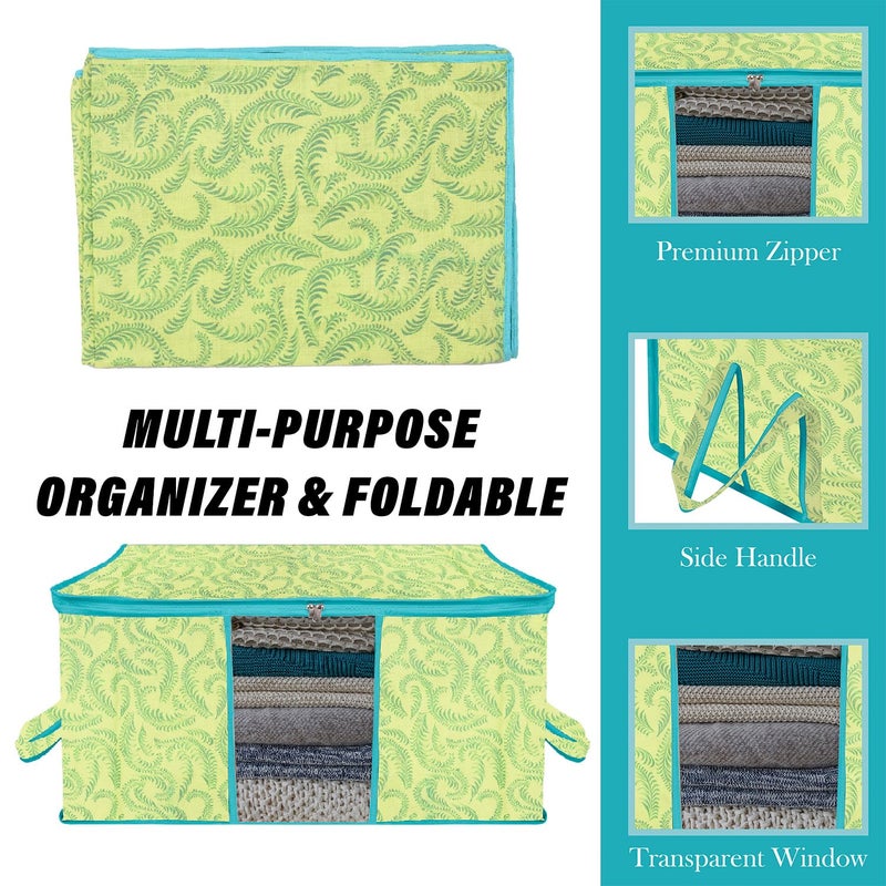 Kuber Industries Kuber Industries Underbed Storage Bag Clothes Storage Bag Blanket Cover with Clear Window Zipper Closure Handle Cloth Organizer LeafDesign Large Pack of 2 Green  - Image 4
