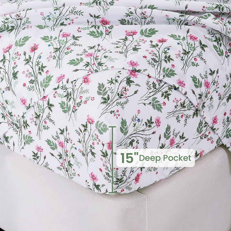 Softan Vintage Queen Bed Sheets, Cozy Microfiber Flower Printed Sheets with 15" Deep Pocket Fitted Sheet & Non-Slip Straps, Patterned Botanical Wildflower Sheets & Pillowcase Set - Image 4