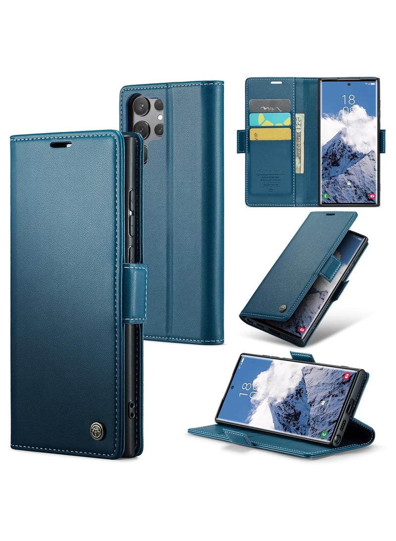 CaseMe Case Me Compatible With Samsung Galaxy S25 Ultra Flip Case Luxury PU Leather Design Anti Fingerprint 023 Card Slot Holder (Blue)  - Image 1