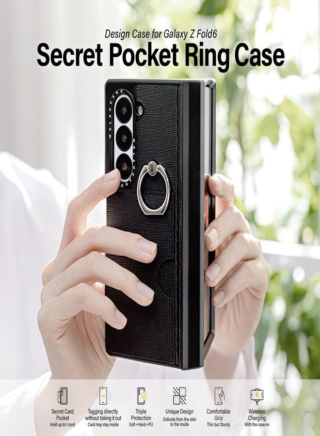 MOLAN CANO Galaxy Z Fold 6 Leather Wallet Case with Card Holder, Easy Grab with Ring Holder Kickstand, Full Protection with Hinge Cover, Ultra-Durable Shockproof, [Secret Pocket Ring]- Black - Image 2