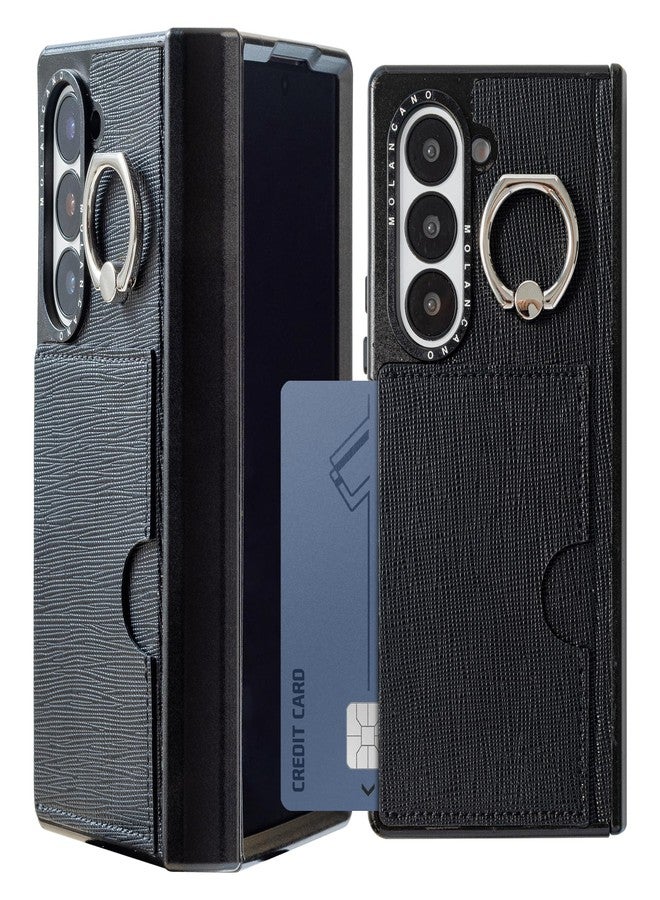 MOLAN CANO Galaxy Z Fold 6 Leather Wallet Case with Card Holder, Easy Grab with Ring Holder Kickstand, Full Protection with Hinge Cover, Ultra-Durable Shockproof, [Secret Pocket Ring]- Black - Image 1