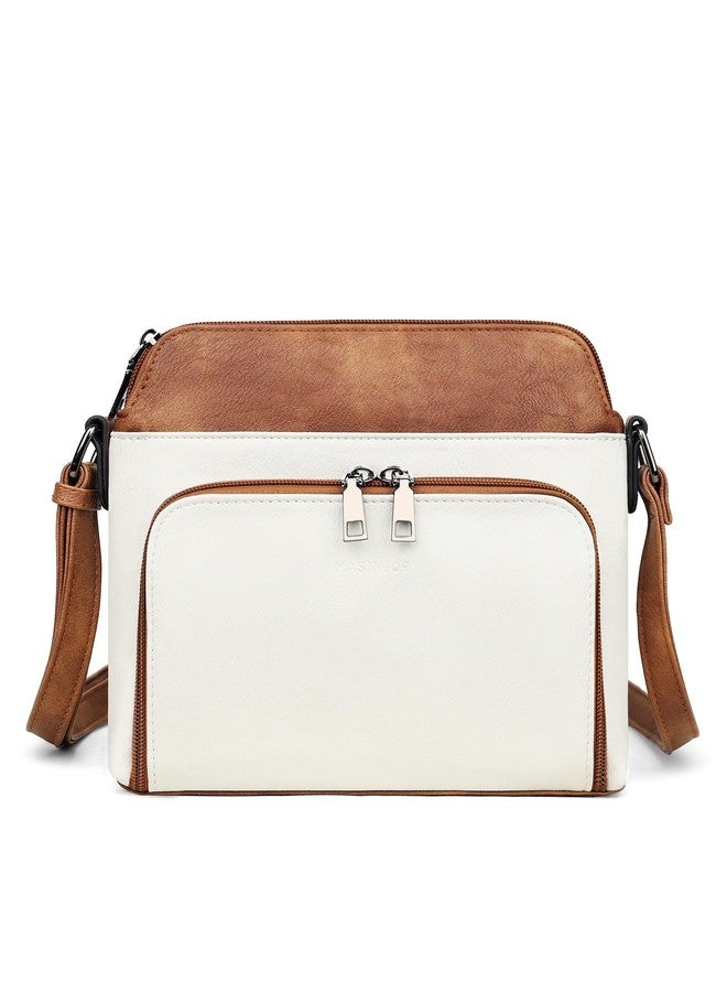 MASINTOR Crossbody Purse Bags for Women, Multi-Pocket Soft Leather Shoulder Purse with Tassel, Lightweight Travel Handbag, Gypsum White With Brown, Medium, Crossbody - Image 1