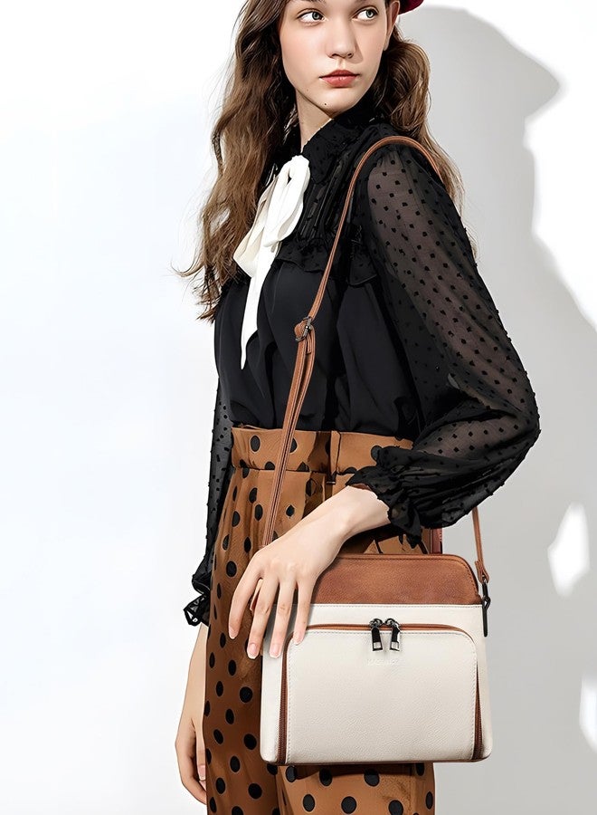 MASINTOR Crossbody Purse Bags for Women, Multi-Pocket Soft Leather Shoulder Purse with Tassel, Lightweight Travel Handbag, Gypsum White With Brown, Medium, Crossbody - Image 2