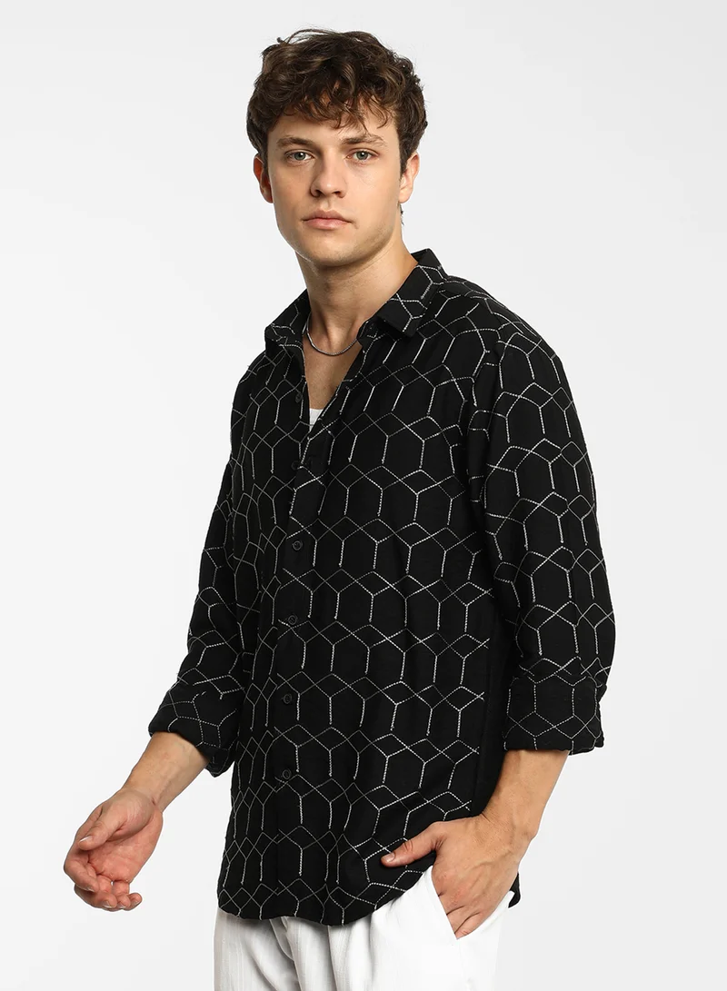 كامبوس سوترا Men's Midnight Black Hexagon-Lined Shirt