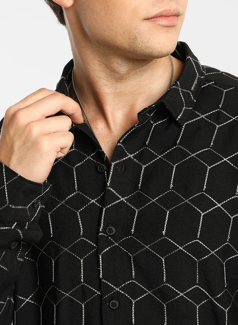 كامبوس سوترا Men's Midnight Black Hexagon-Lined Shirt