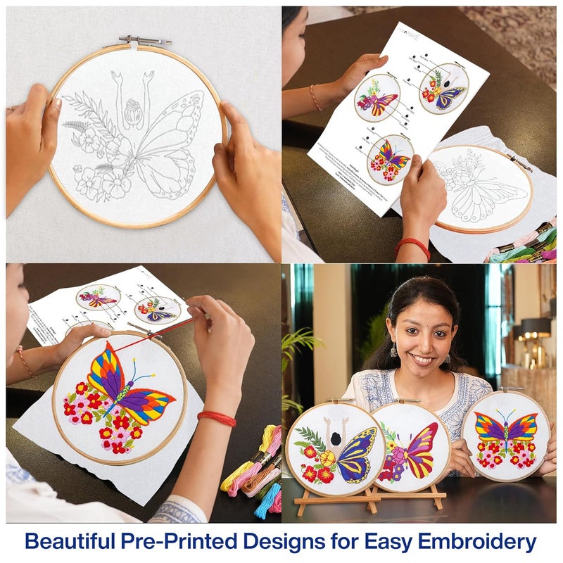 picknMAKE Cross Stitch Embroidery Kit Combo Pack for Beginners & Adults - Includes 3 Unique Designs, Hoop, Printed Fabric, Threads, Needles, Cutter, and Instructions -Craft Hobby, Multicolor - Image 4