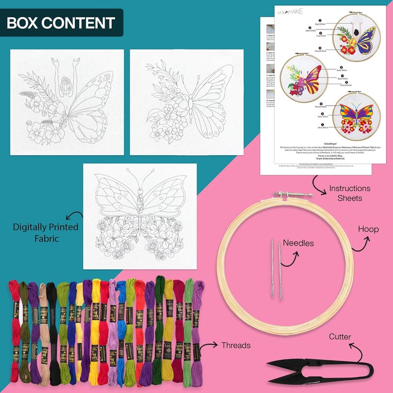 picknMAKE Cross Stitch Embroidery Kit Combo Pack for Beginners & Adults - Includes 3 Unique Designs, Hoop, Printed Fabric, Threads, Needles, Cutter, and Instructions -Craft Hobby, Multicolor - Image 3