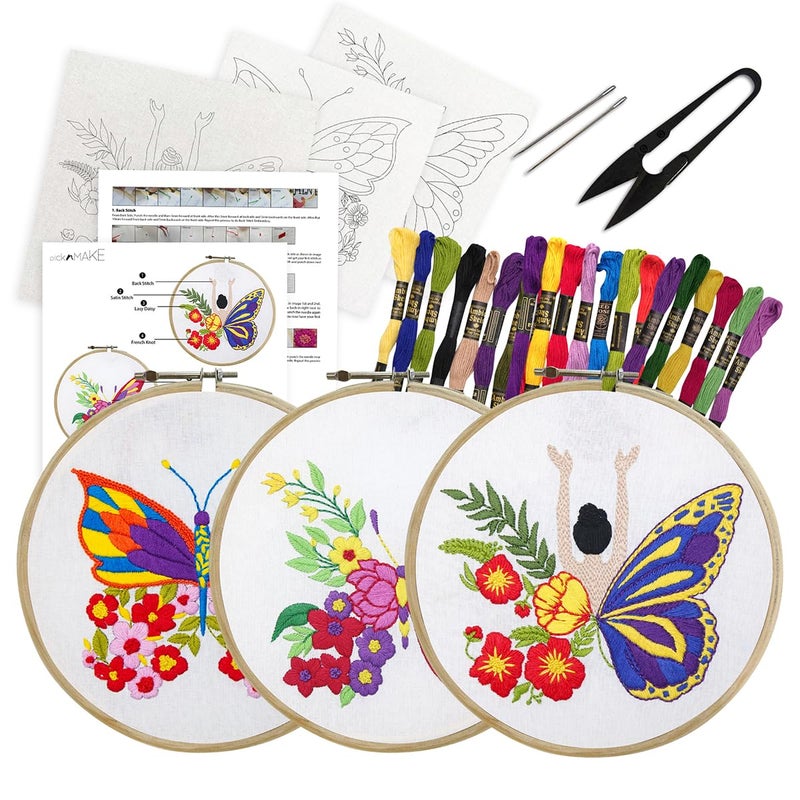 picknMAKE Cross Stitch Embroidery Kit Combo Pack for Beginners & Adults - Includes 3 Unique Designs, Hoop, Printed Fabric, Threads, Needles, Cutter, and Instructions -Craft Hobby, Multicolor - Image 1
