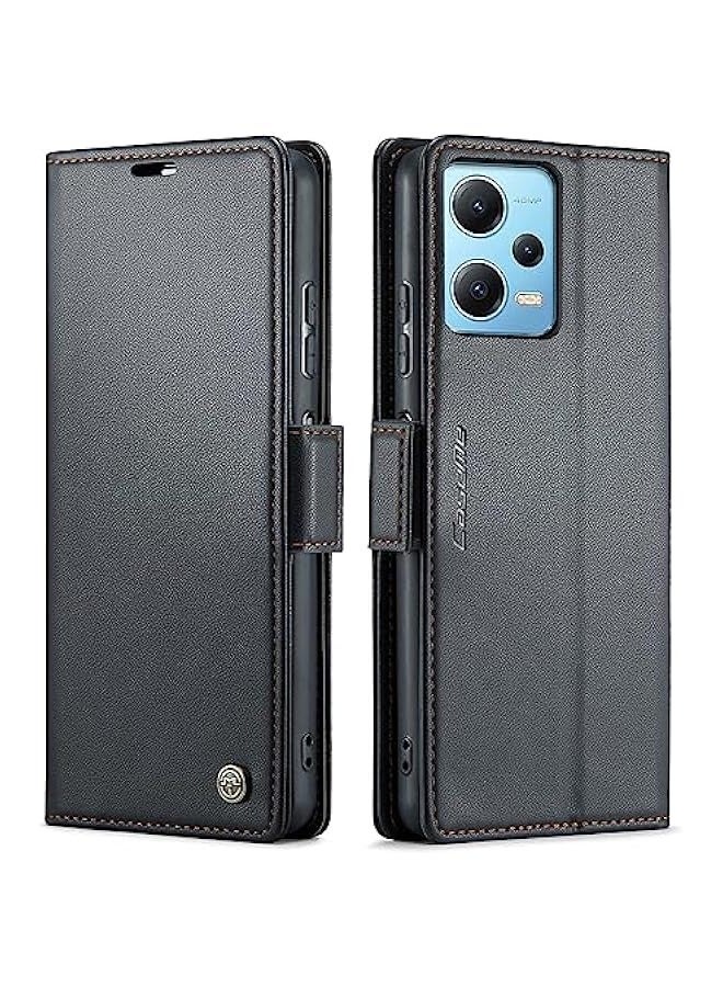 حافظة جلدية سوداء لهاتف Redmi Note 12 5G \/ Poco X5 5G مع حامل مغناطيسي للبطاقات وتغطية واقفة، تحمي من التشويش على تقنية الراديو التردد المعرف (RFID). - Image 1