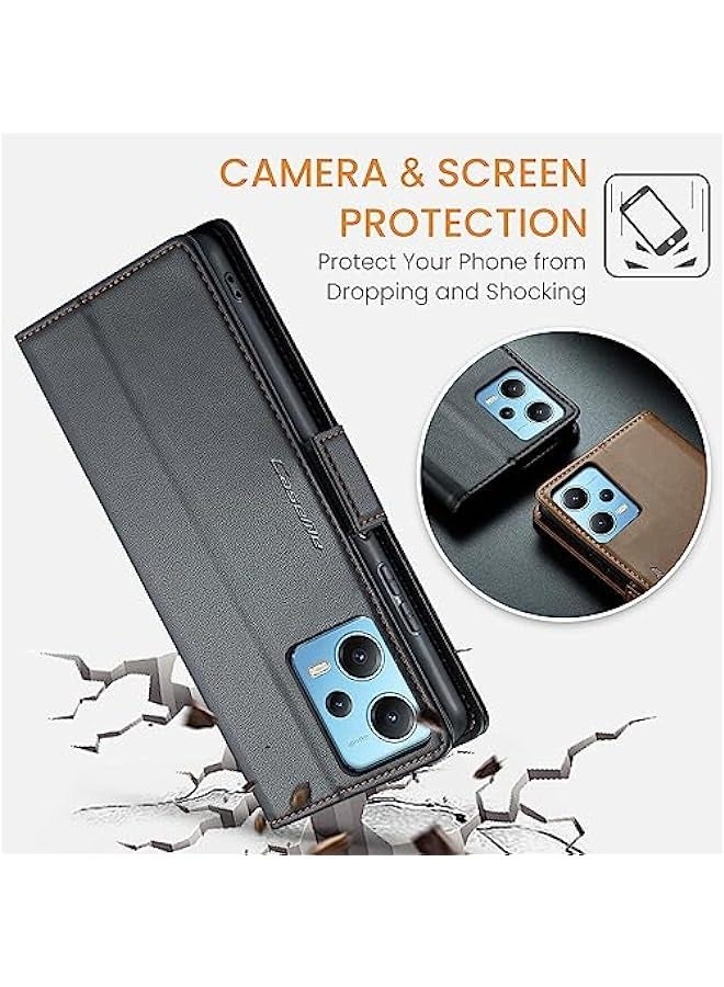 حافظة جلدية سوداء لهاتف Redmi Note 12 5G \/ Poco X5 5G مع حامل مغناطيسي للبطاقات وتغطية واقفة، تحمي من التشويش على تقنية الراديو التردد المعرف (RFID). - Image 4