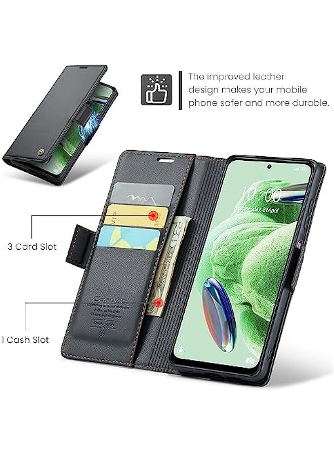 حافظة جلدية سوداء لهاتف Redmi Note 12 5G \/ Poco X5 5G مع حامل مغناطيسي للبطاقات وتغطية واقفة، تحمي من التشويش على تقنية الراديو التردد المعرف (RFID). - Image 5