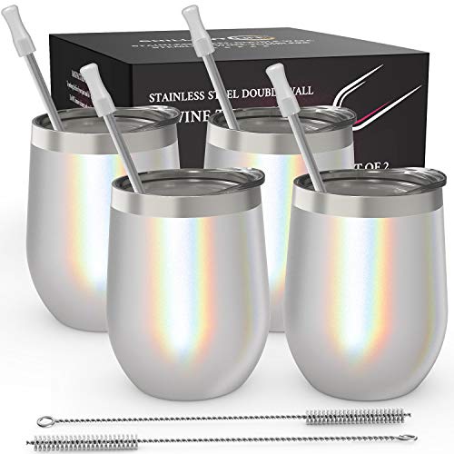 CHILLOUT LIFE Stainless Steel Wine Tumblers 4 Pack 12 oz  Double Wall Vacuum Insulated Wine Cups with Lids and Straws Set for Coffee Wine Cocktails  Holographic Glitter