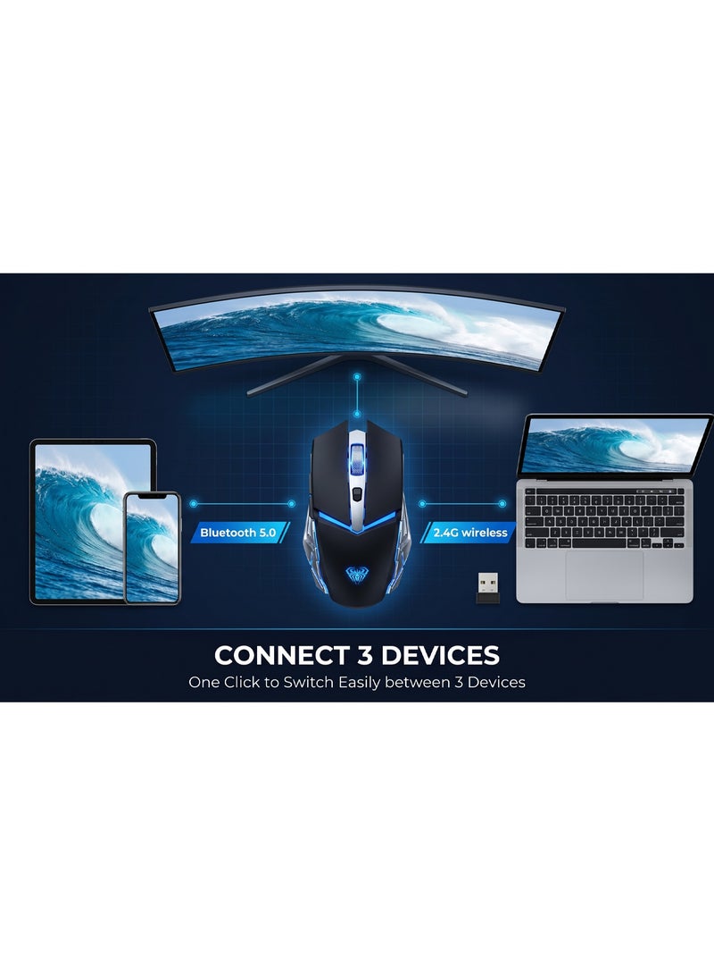 أولا ماوس ألعاب لاسلكي أولا SC200 – بلوتوث + 2.4G – قابل للشحن – إضاءة LED – DPI  – أزرار جانبية – لون أسود - Image 4