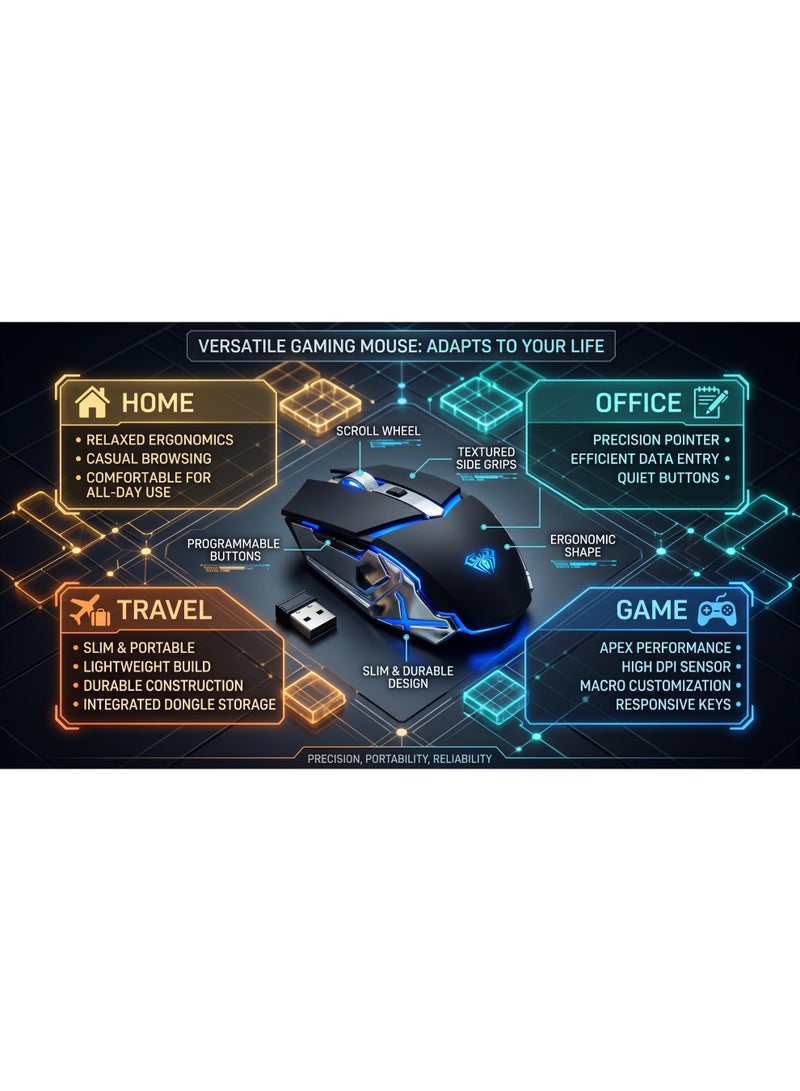 أولا ماوس ألعاب لاسلكي أولا SC200 – بلوتوث + 2.4G – قابل للشحن – إضاءة LED – DPI  – أزرار جانبية – لون أسود - Image 5