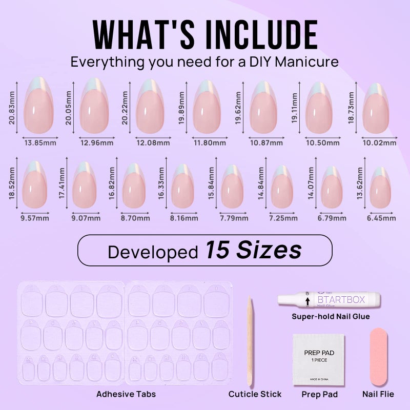 BTArtbox French Tip Press On Nails - White Press On Nails Almond, Short Fake Nails with Nail Glue, Fit Perfectly & Natural Reusable Stick on Nails in 16 Sizes, Mermaid - Image 5