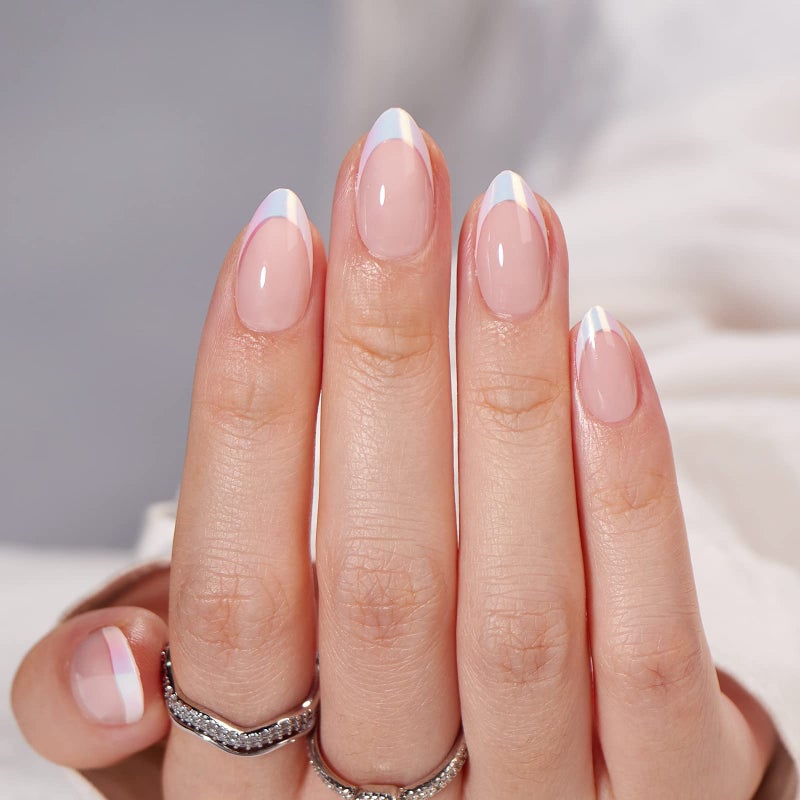 BTArtbox French Tip Press On Nails - White Press On Nails Almond, Short Fake Nails with Nail Glue, Fit Perfectly & Natural Reusable Stick on Nails in 16 Sizes, Mermaid - Image 1