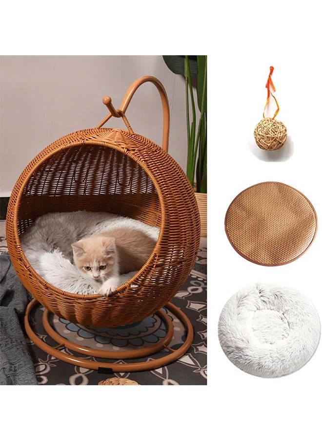 Handmade Wicker Cat Bed Elevated Pet House with Stand Imitation Rattan Pet Hanging Hammock Swing Bed Comfortable and breathable for Small Dogs and Cats with Plush Mat Cool Mat and Vine Ball - Image 1