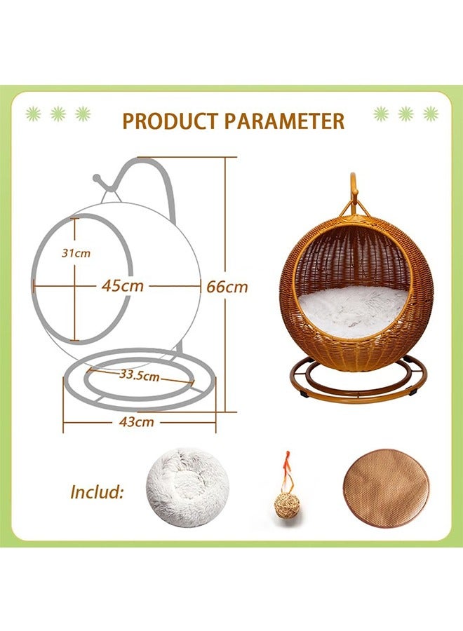 Handmade Wicker Cat Bed Elevated Pet House with Stand Imitation Rattan Pet Hanging Hammock Swing Bed Comfortable and breathable for Small Dogs and Cats with Plush Mat Cool Mat and Vine Ball - Image 3