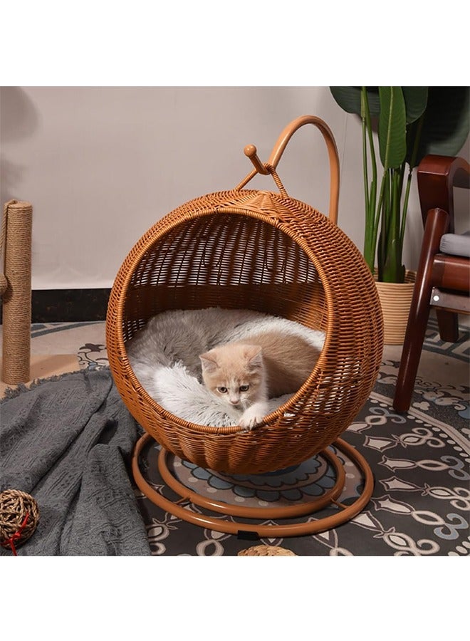 Handmade Wicker Cat Bed Elevated Pet House with Stand Imitation Rattan Pet Hanging Hammock Swing Bed Comfortable and breathable for Small Dogs and Cats with Plush Mat Cool Mat and Vine Ball - Image 2